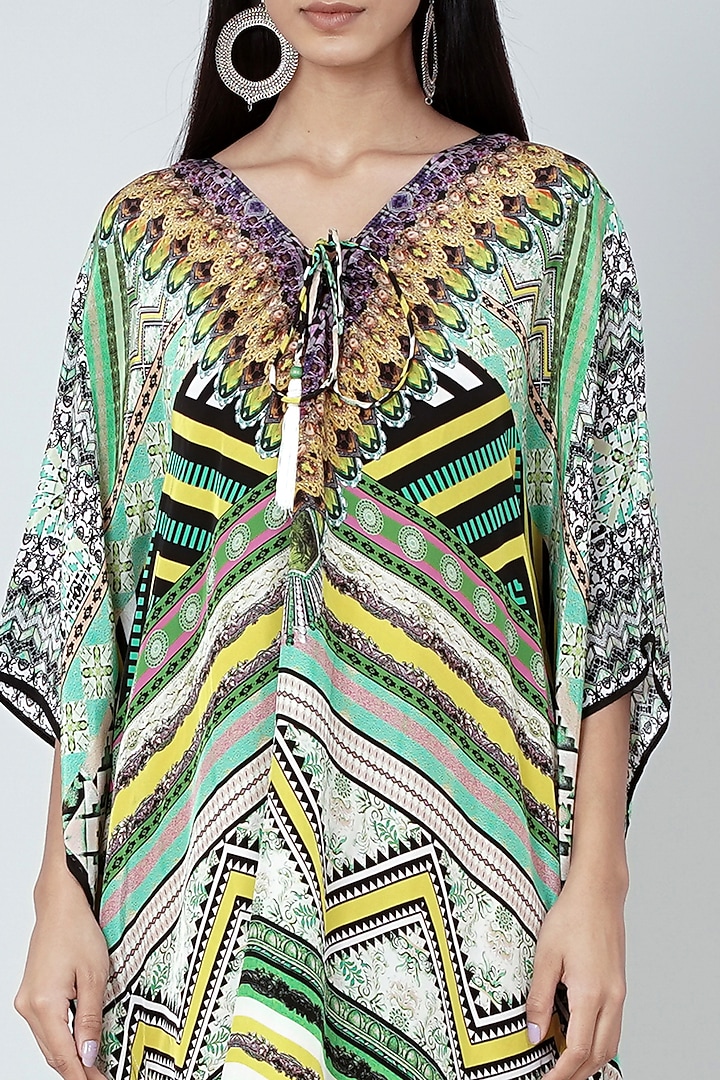 Jade Green Geometric Printed Kaftan by First Resort by Ramola Bachchan at Pernia's Pop Up Shop