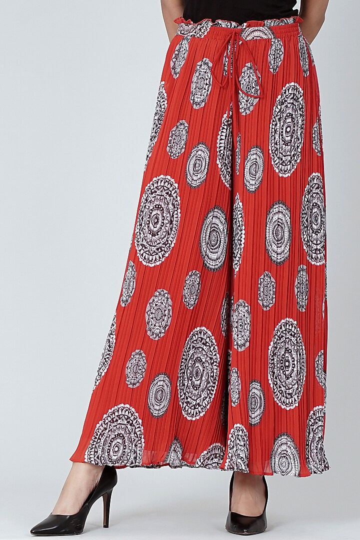 Red Geometric Printed Pleated Palazzo Pants by First Resort by Ramola Bachchan at Pernia's Pop Up Shop