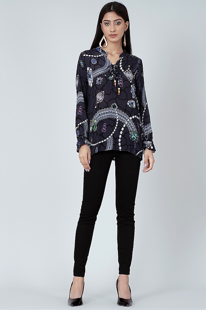 Midnight Blue Printed Lace-Up Top by First Resort by Ramola Bachchan