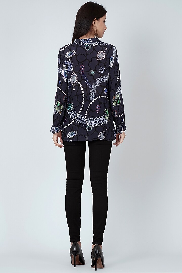 Midnight Blue Printed Lace-Up Top by First Resort by Ramola Bachchan at Pernia's Pop Up Shop