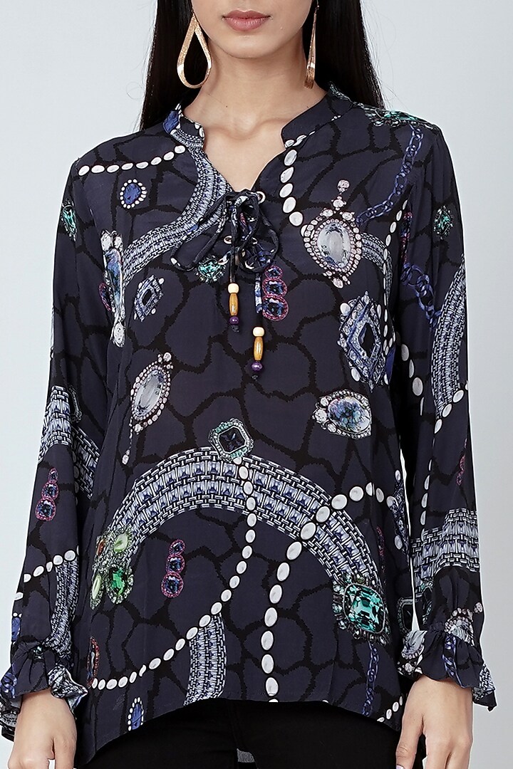 Midnight Blue Printed Lace-Up Top by First Resort by Ramola Bachchan at Pernia's Pop Up Shop