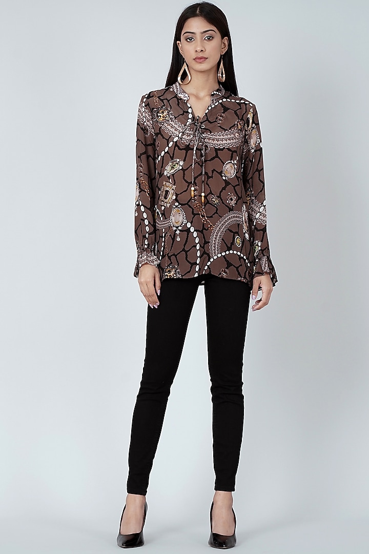 Brown Printed Lace-Up Top by First Resort by Ramola Bachchan