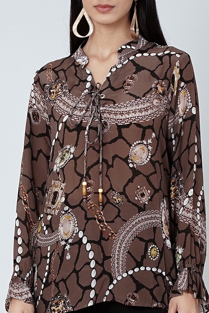 Brown Printed Lace-Up Top by First Resort by Ramola Bachchan at Pernia's Pop Up Shop