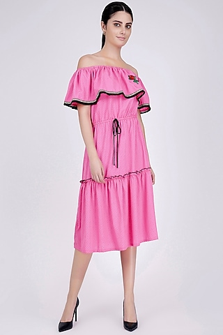 Pink Printed Off-Shoulder Dress by First Resort by Ramola Bachchan