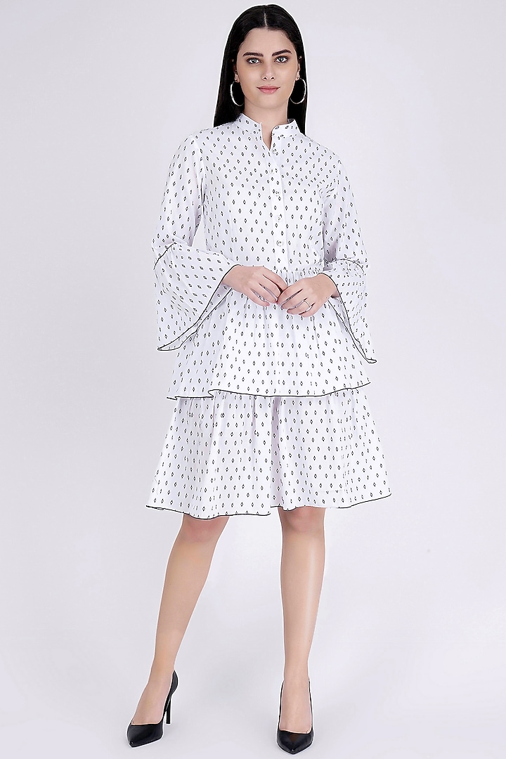 White Printed Frilled Dress by First Resort by Ramola Bachchan at Pernia's Pop Up Shop