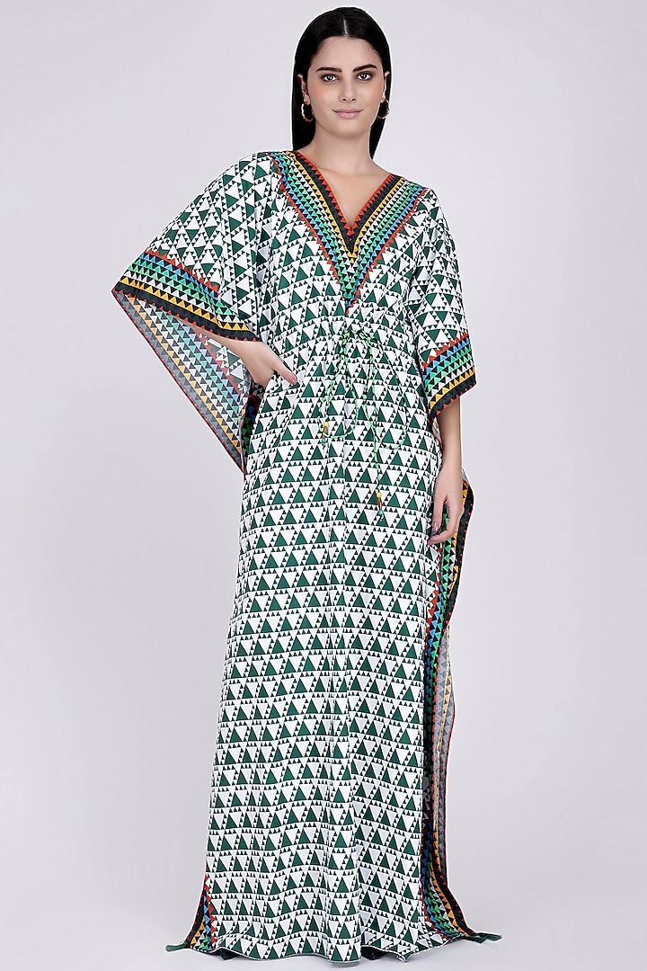 Green & White Printed Kaftan by First Resort by Ramola Bachchan at Pernia's Pop Up Shop