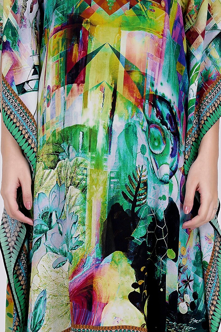 Green Abstract Printed Kaftan by First Resort by Ramola Bachchan at Pernia's Pop Up Shop
