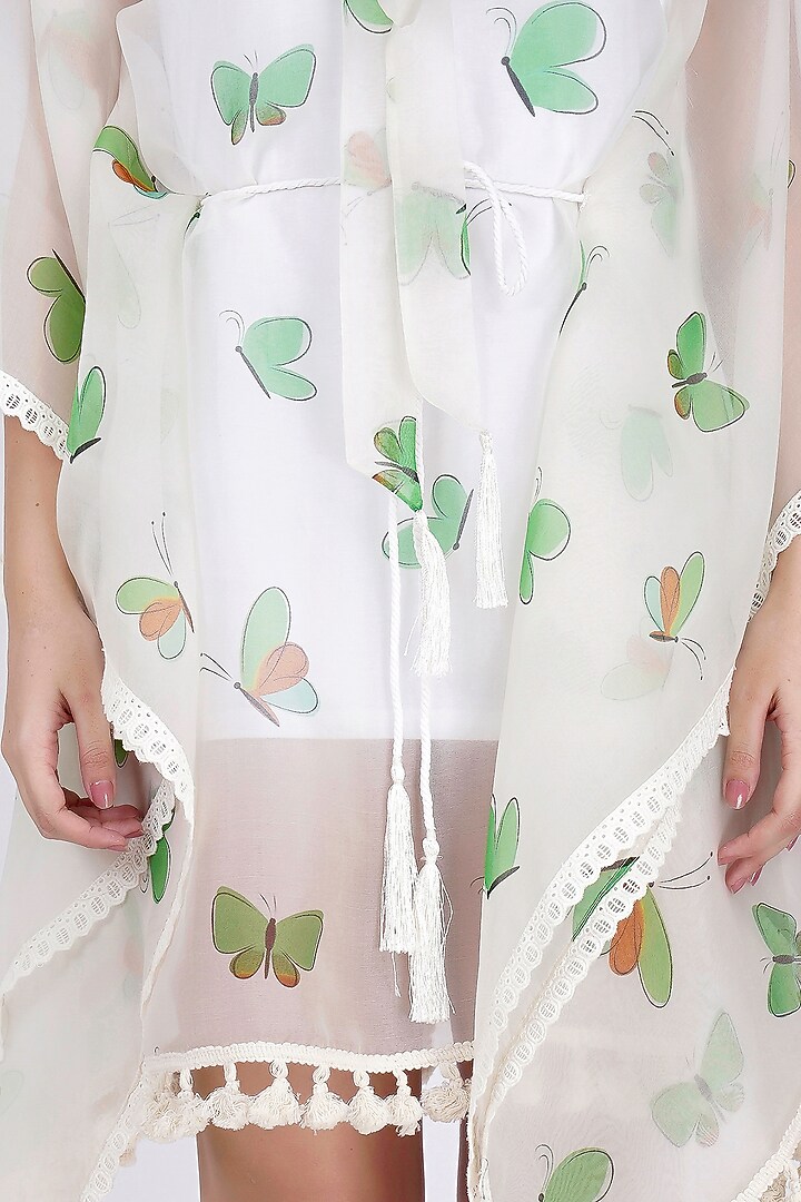 White Printed Kaftan With Belt by First Resort by Ramola Bachchan at Pernia's Pop Up Shop