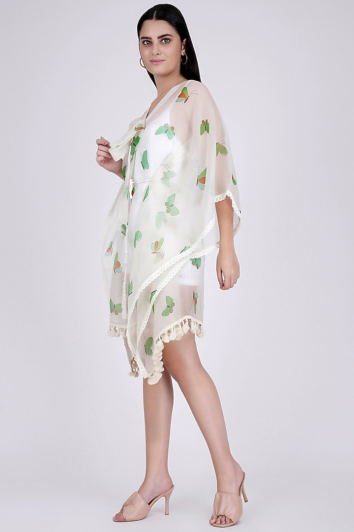 White Printed Kaftan With Belt by First Resort by Ramola Bachchan at Pernia's Pop Up Shop