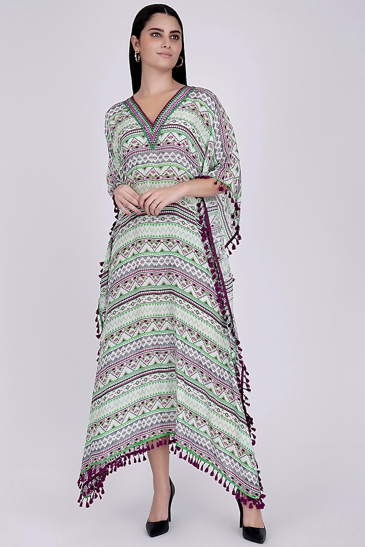 Mint Green Aztec Printed Kaftan by First Resort by Ramola Bachchan at Pernia's Pop Up Shop