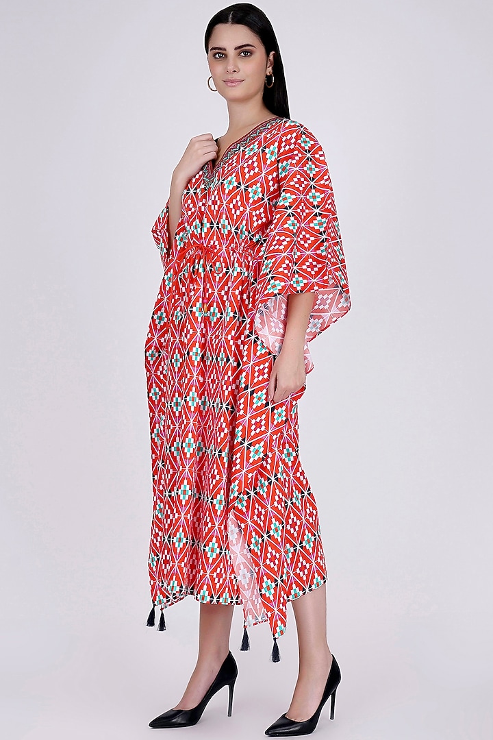 Bright Red Moroccan Printed Kaftan by First Resort by Ramola Bachchan at Pernia's Pop Up Shop