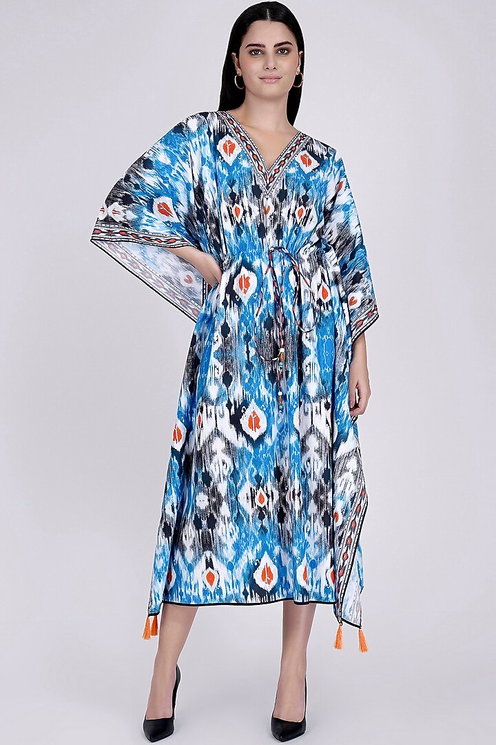 Sky Blue Ikat Printed Kaftan by First Resort by Ramola Bachchan at Pernia's Pop Up Shop