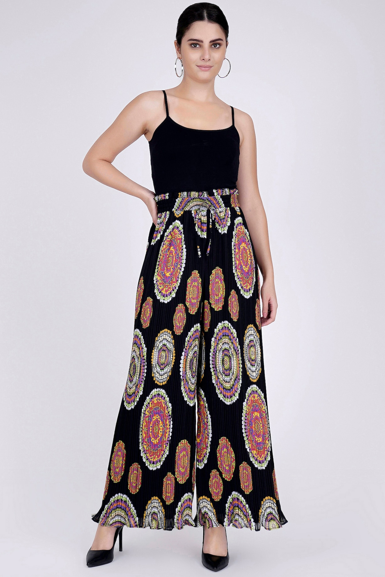 Black Printed Crop Top and Palazzo with Fancy Sleeves in Chiffon