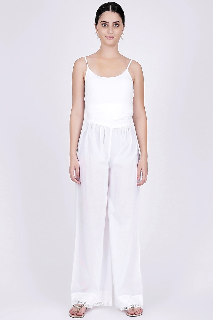 White Cotton Cambric Wide Leg Pants by First Resort by Ramola Bachchan