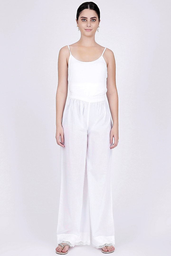 White Cotton Cambric Wide Leg Pants by First Resort by Ramola Bachchan at Pernia's Pop Up Shop