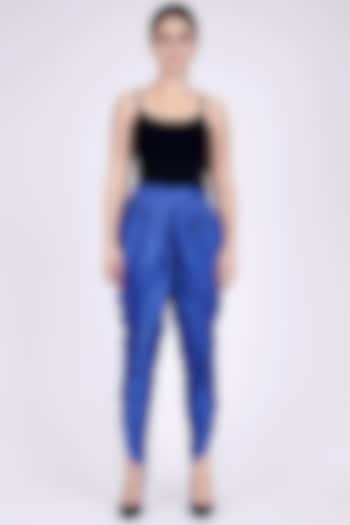 Navy Blue Nylon Satin Tulip Pants by First Resort by Ramola Bachchan at Pernia's Pop Up Shop