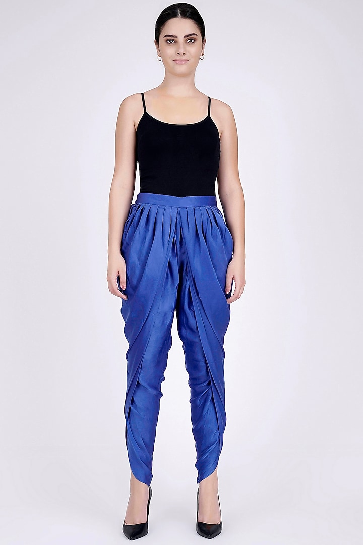 Navy Blue Nylon Satin Tulip Pants by First Resort by Ramola Bachchan at Pernia's Pop Up Shop