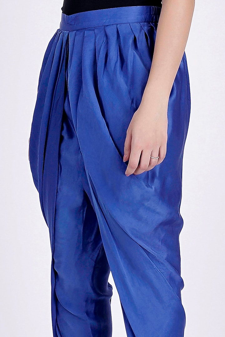 Navy Blue Nylon Satin Tulip Pants by First Resort by Ramola Bachchan at Pernia's Pop Up Shop