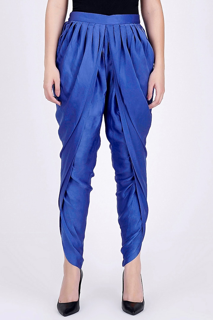 Navy Blue Nylon Satin Tulip Pants by First Resort by Ramola Bachchan at Pernia's Pop Up Shop