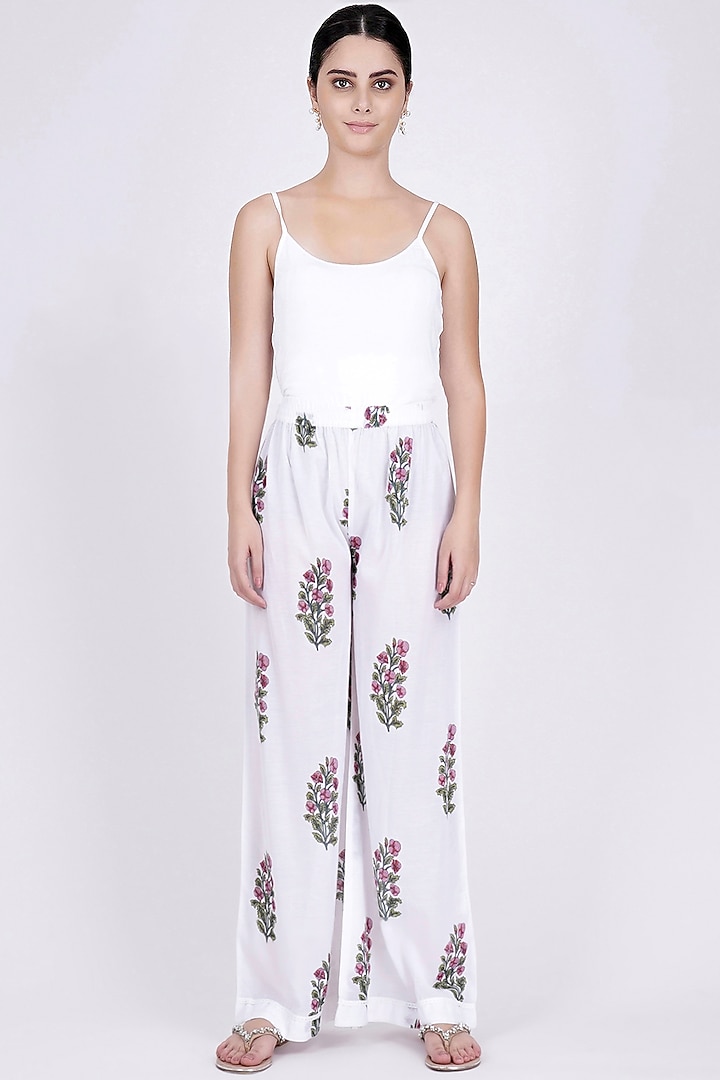 White Floral Printed Pants by First Resort by Ramola Bachchan