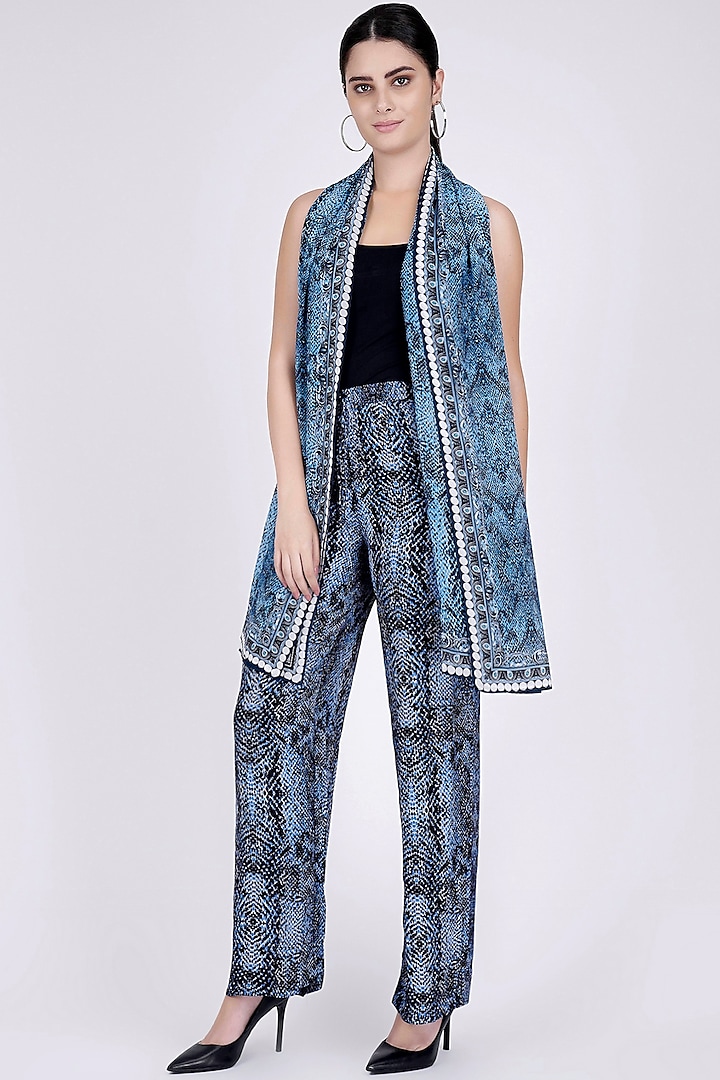Cobalt Blue Printed Palazzo Pants & Stole by First Resort by Ramola Bachchan