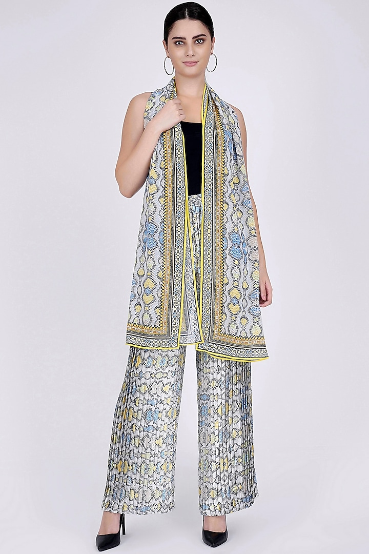 Yellow Printed Palazzo Pants & Stole by First Resort by Ramola Bachchan