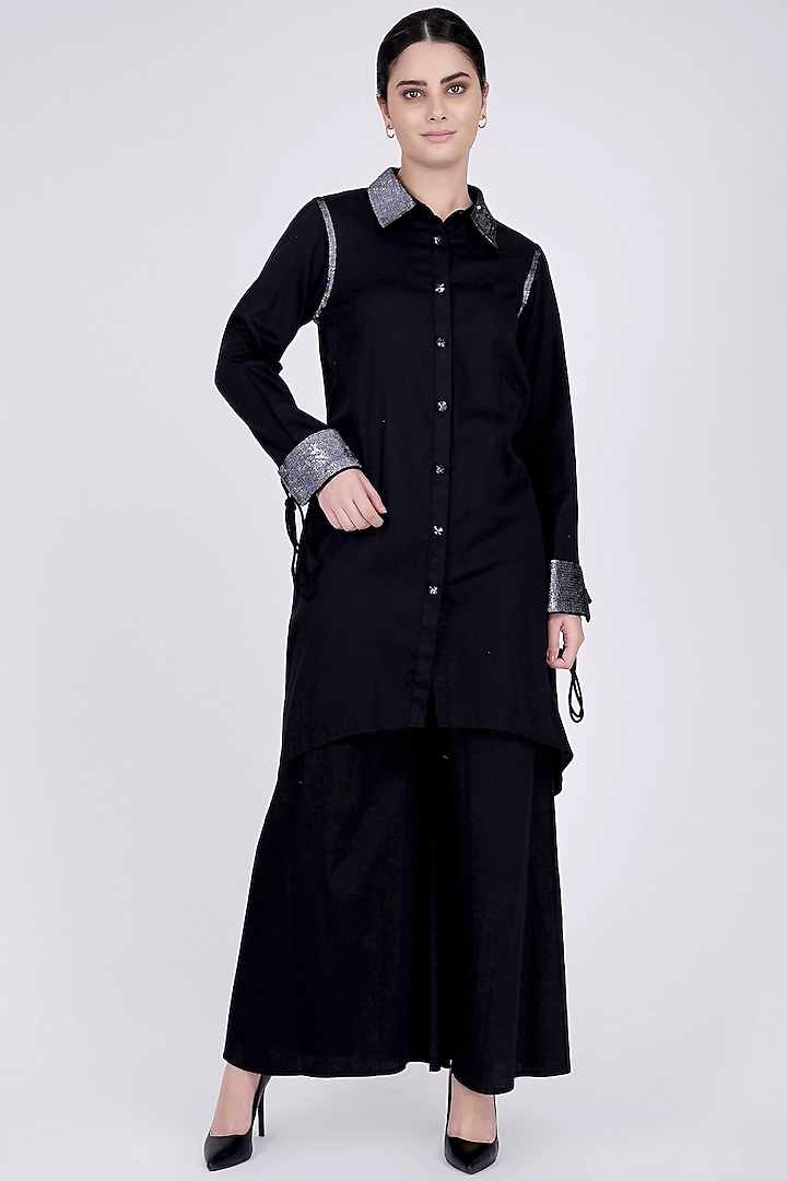 Black Cotton Satin Co-Ord Set by First Resort by Ramola Bachchan