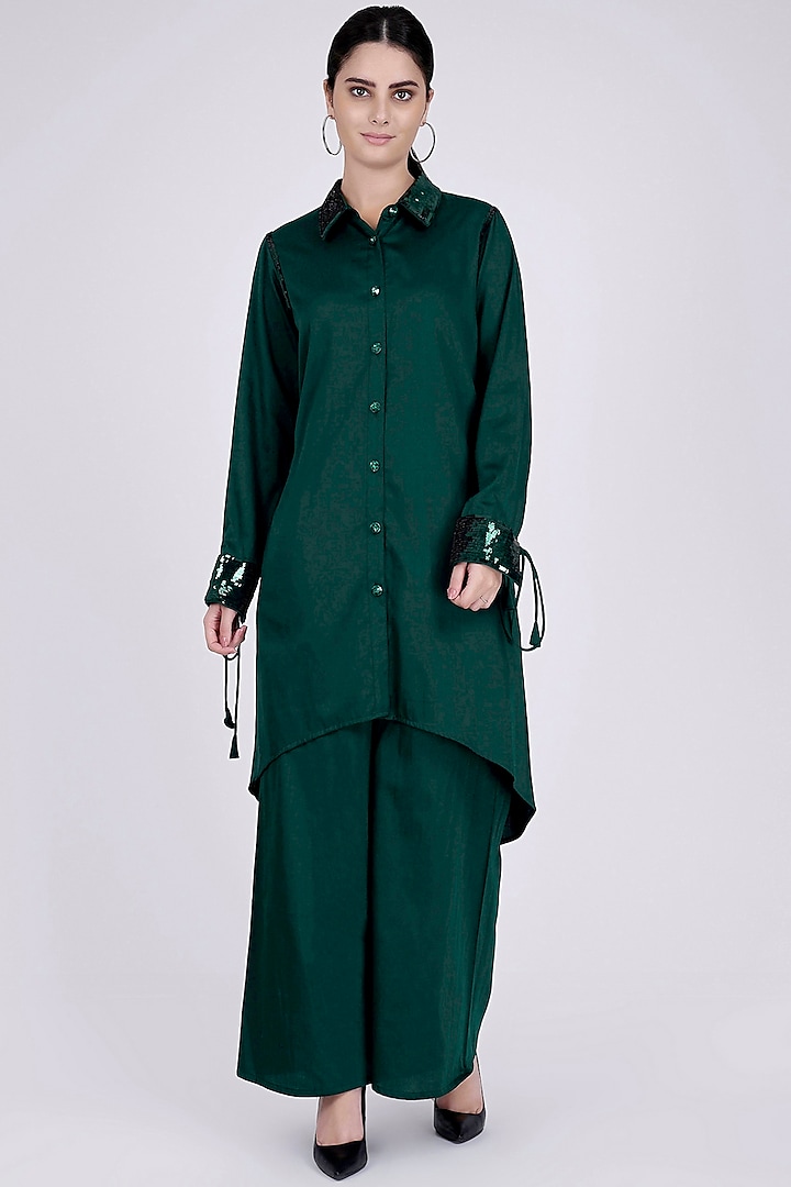 Emerald Green Cotton Satin Co-Ord Set by First Resort by Ramola Bachchan