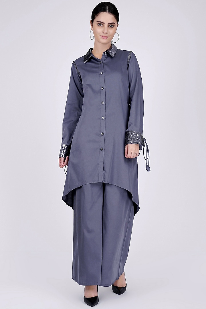 Grey Cotton Satin Co-Ord Set by First Resort by Ramola Bachchan at Pernia's Pop Up Shop