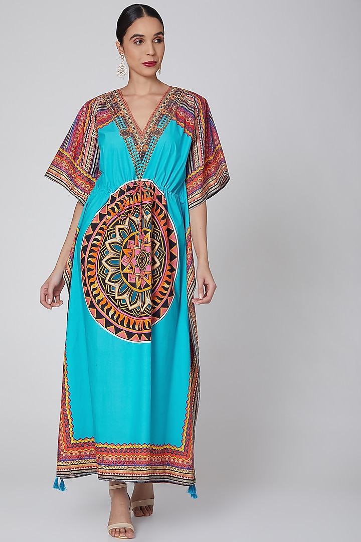 Powder Blue Printed Kaftan With Waistband Design by First Resort by ...