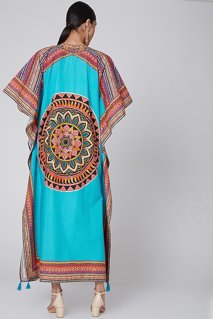 Powder Blue Printed Kaftan With Waistband by First Resort by Ramola Bachchan at Pernia's Pop Up Shop
