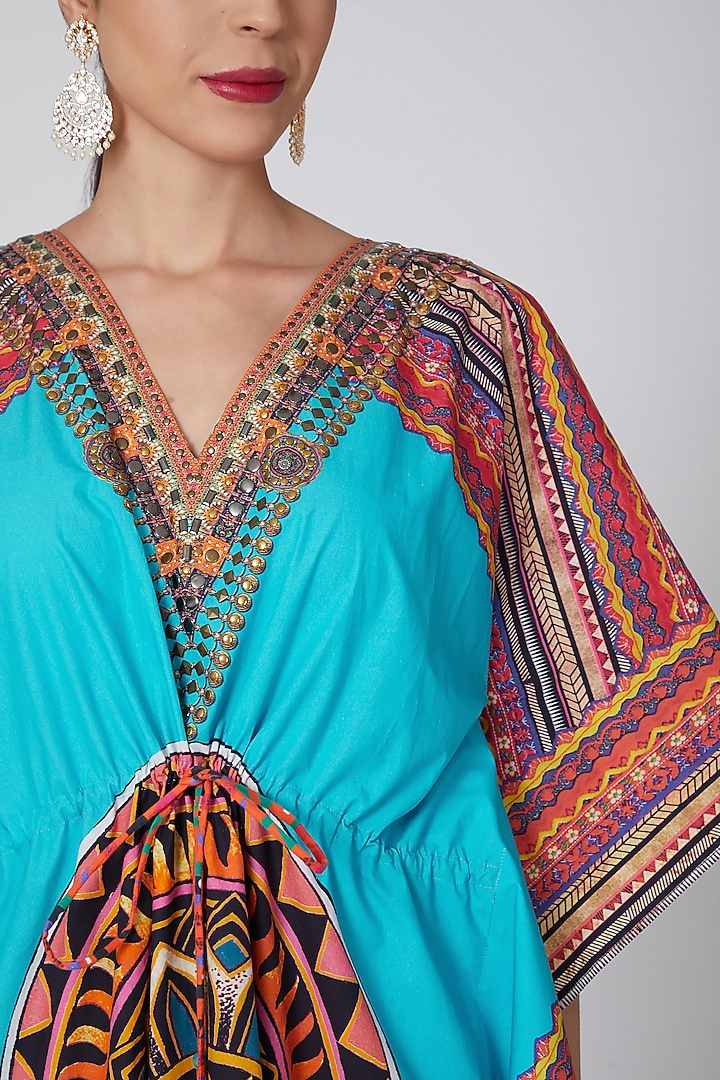 Powder Blue Printed Kaftan With Waistband by First Resort by Ramola Bachchan at Pernia's Pop Up Shop