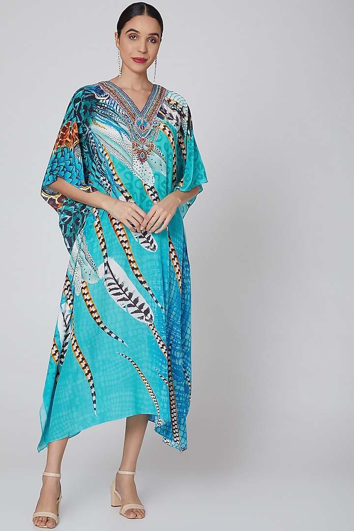 Powder Blue Kaftan With Crystal Embellishments by First Resort by Ramola Bachchan at Pernia's Pop Up Shop