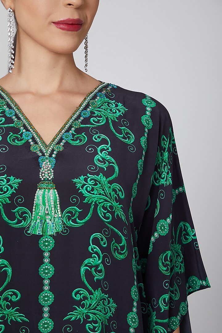 Olive Green Kaftan With Crystal Embellishments by First Resort by Ramola Bachchan at Pernia's Pop Up Shop