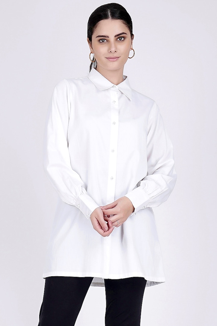 White Cotton Satin Shirt by First Resort by Ramola Bachchan at Pernia's Pop Up Shop
