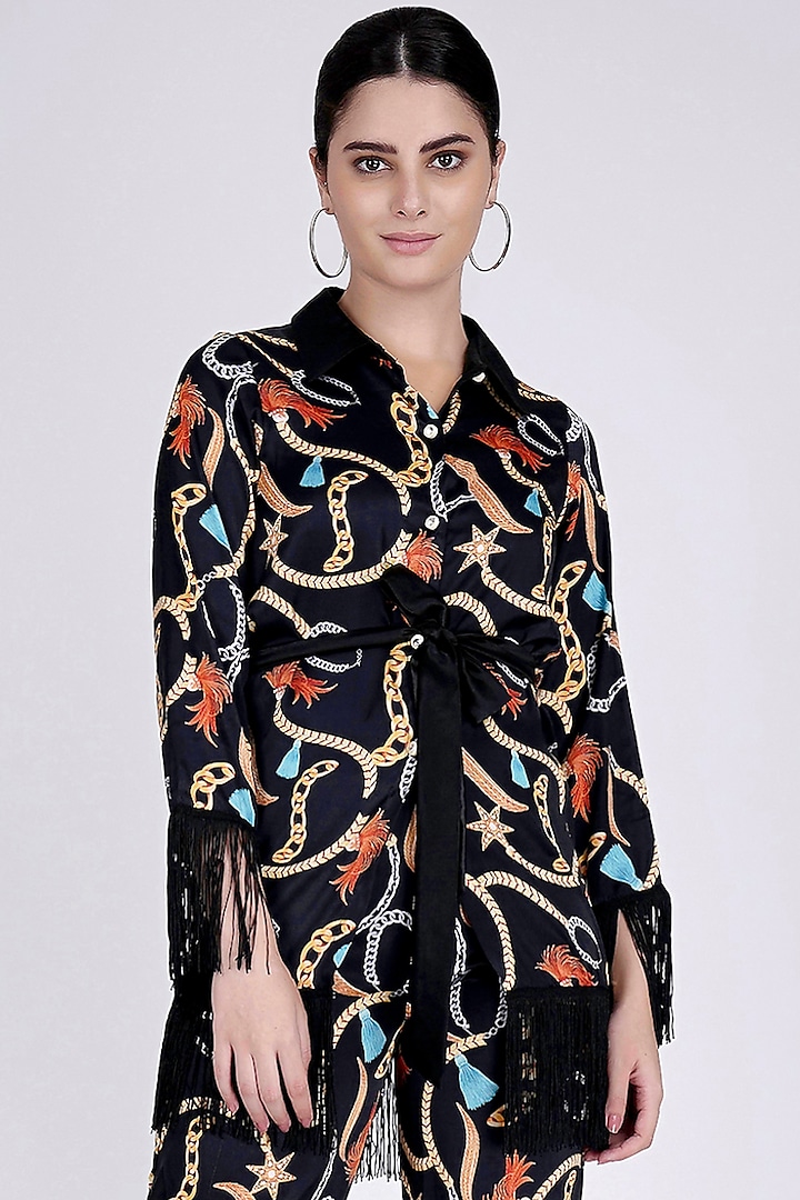 Black Printed Shirt With Belt by First Resort by Ramola Bachchan