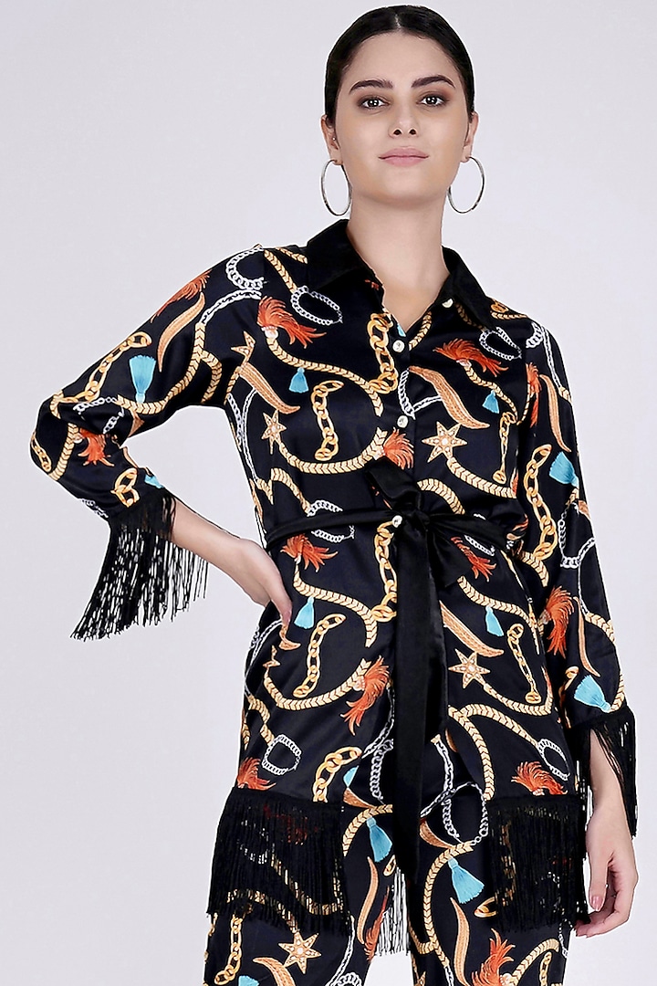 Black Printed Shirt With Belt by First Resort by Ramola Bachchan at Pernia's Pop Up Shop