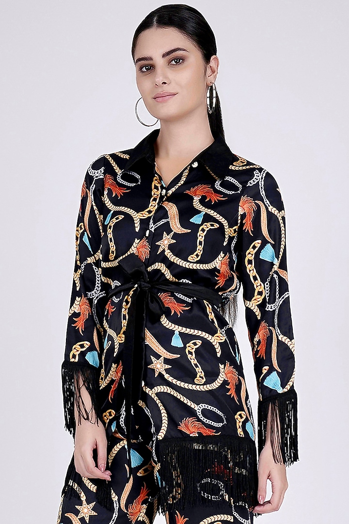 Black Printed Shirt With Belt by First Resort by Ramola Bachchan at Pernia's Pop Up Shop