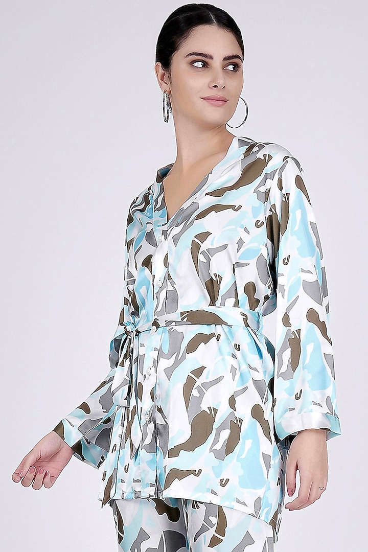 Sky Blue Printed Shirt With Belt by First Resort by Ramola Bachchan at Pernia's Pop Up Shop