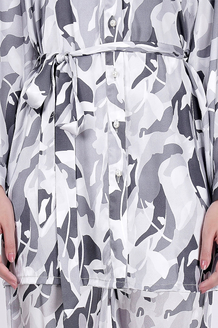 Grey Printed Shirt With Belt by First Resort by Ramola Bachchan at Pernia's Pop Up Shop
