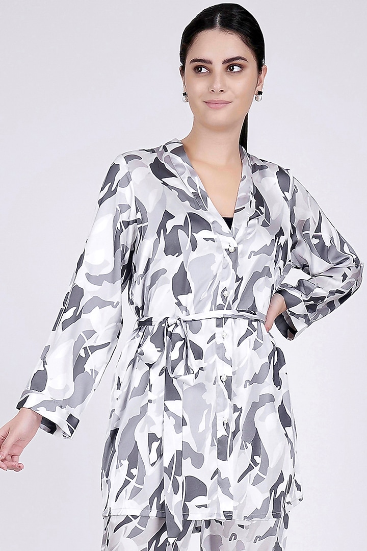 Grey Printed Shirt With Belt by First Resort by Ramola Bachchan at Pernia's Pop Up Shop