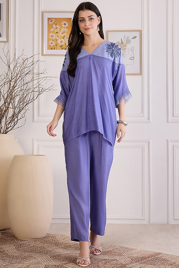 Slate Blue Viscose Bamberg Muslin Pant Set by First Resort by Ramola Bachchan at Pernia's Pop Up Shop