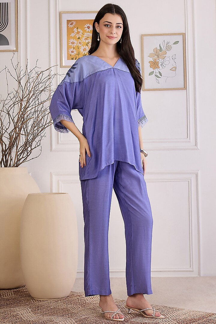 Slate Blue Viscose Bamberg Muslin Pant Set by First Resort by Ramola Bachchan at Pernia's Pop Up Shop