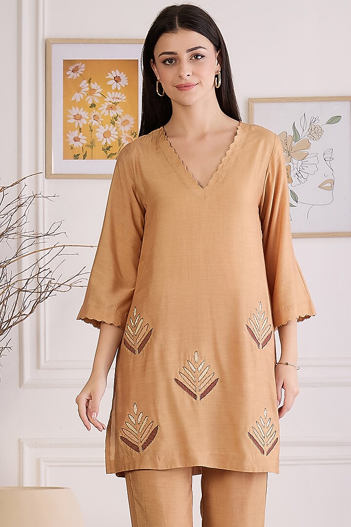 Sepia Colored Viscose Bamberg Muslin Embroidered Kurta by First Resort by Ramola Bachchan at Pernia's Pop Up Shop
