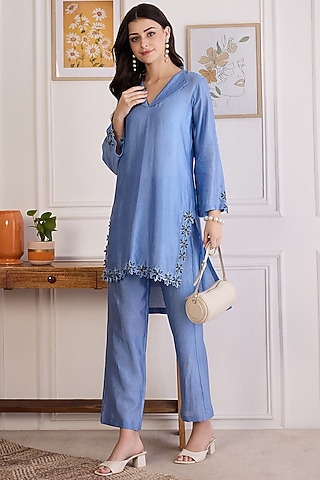 Sky Blue Cotton Chanderi Cutwork Kurta by First Resort by Ramola Bachchan