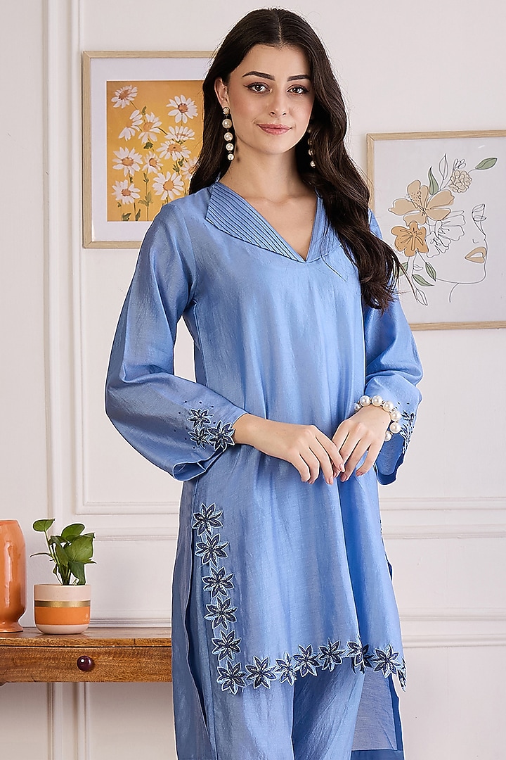 Sky Blue Cotton Chanderi Cutwork Kurta by First Resort by Ramola Bachchan at Pernia's Pop Up Shop