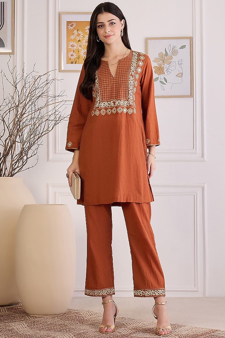 Earthy Brown Cotton Cambric Embroidered Co-Ord Set by First Resort by Ramola Bachchan at Pernia's Pop Up Shop