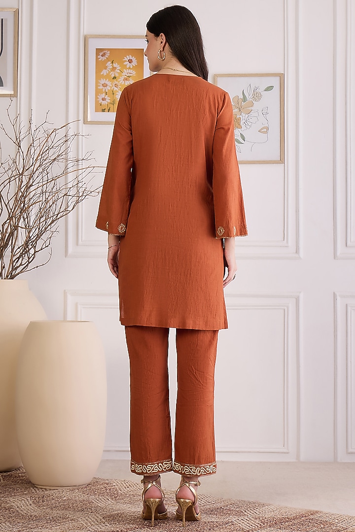 Earthy Brown Cotton Cambric Embroidered Co-Ord Set by First Resort by Ramola Bachchan at Pernia's Pop Up Shop