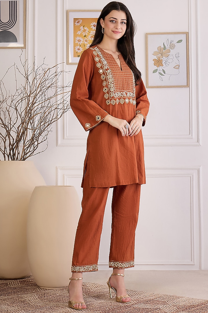 Earthy Brown Cotton Cambric Embroidered Co-Ord Set by First Resort by Ramola Bachchan at Pernia's Pop Up Shop
