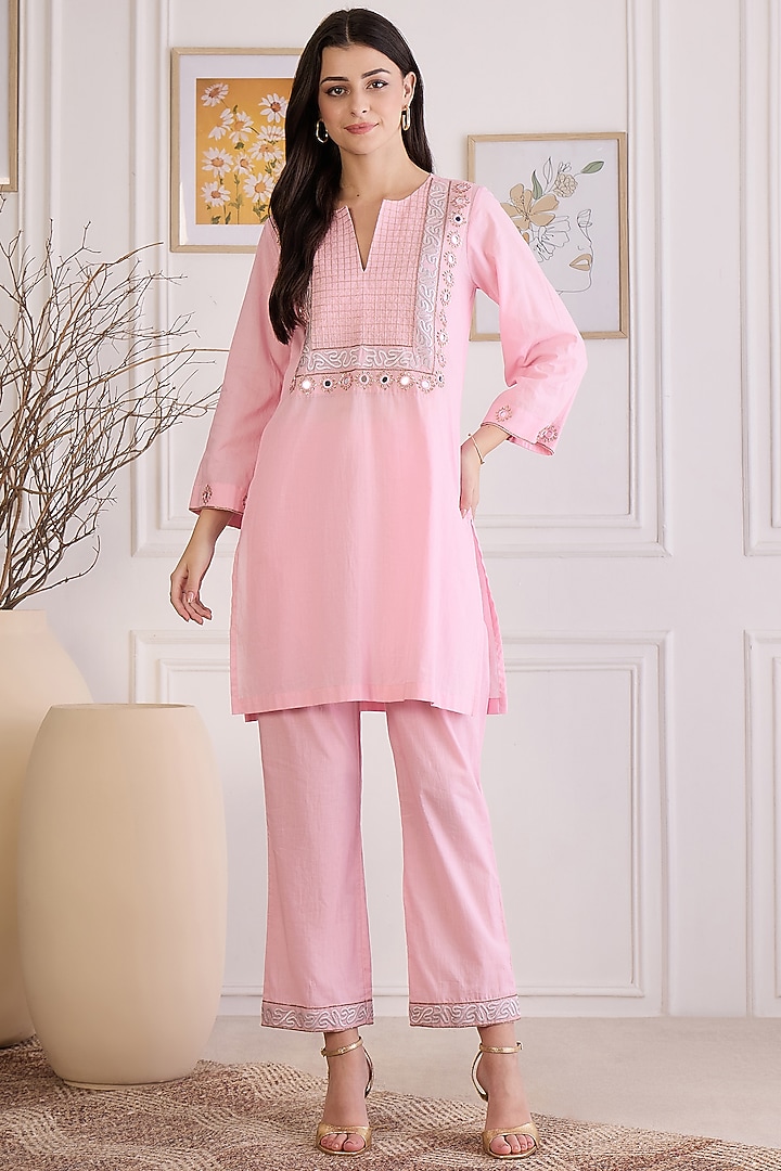 Pink Cotton Cambric Embroidered Co-Ord Set by First Resort by Ramola Bachchan at Pernia's Pop Up Shop